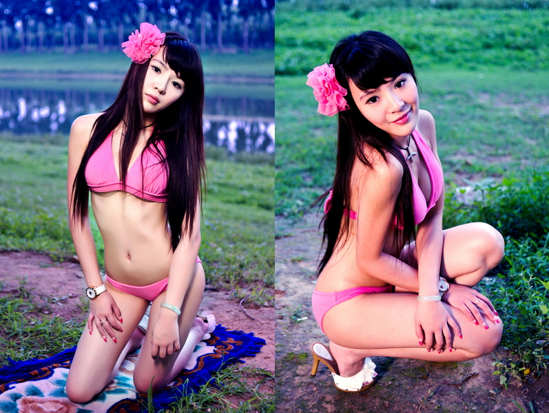Sexy Asian lady in pink bikini, so cute and very perfect