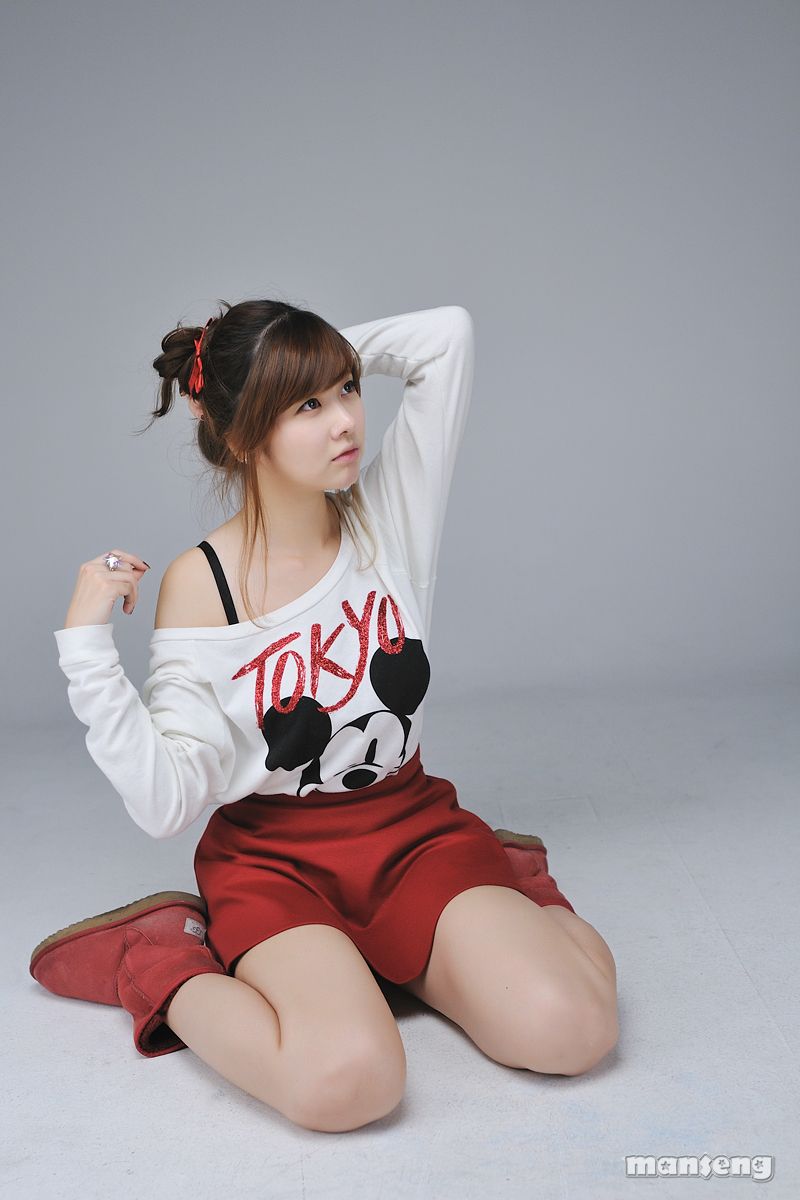 Cute Korean Model Jung Se On with Tokyo Mickey shirt and maroon mini skirt