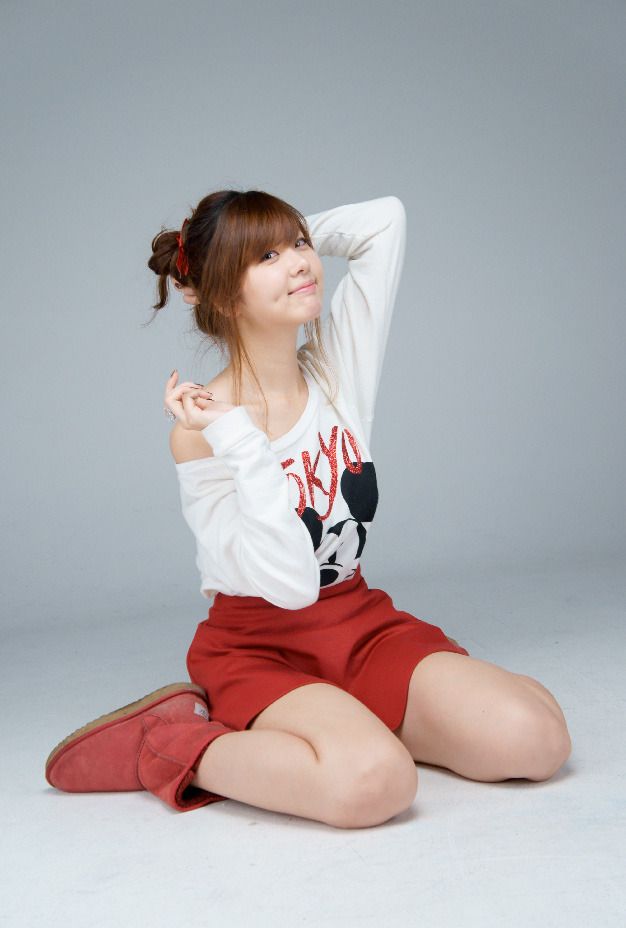 Cute Korean Model Jung Se On with Tokyo Mickey shirt and maroon mini skirt